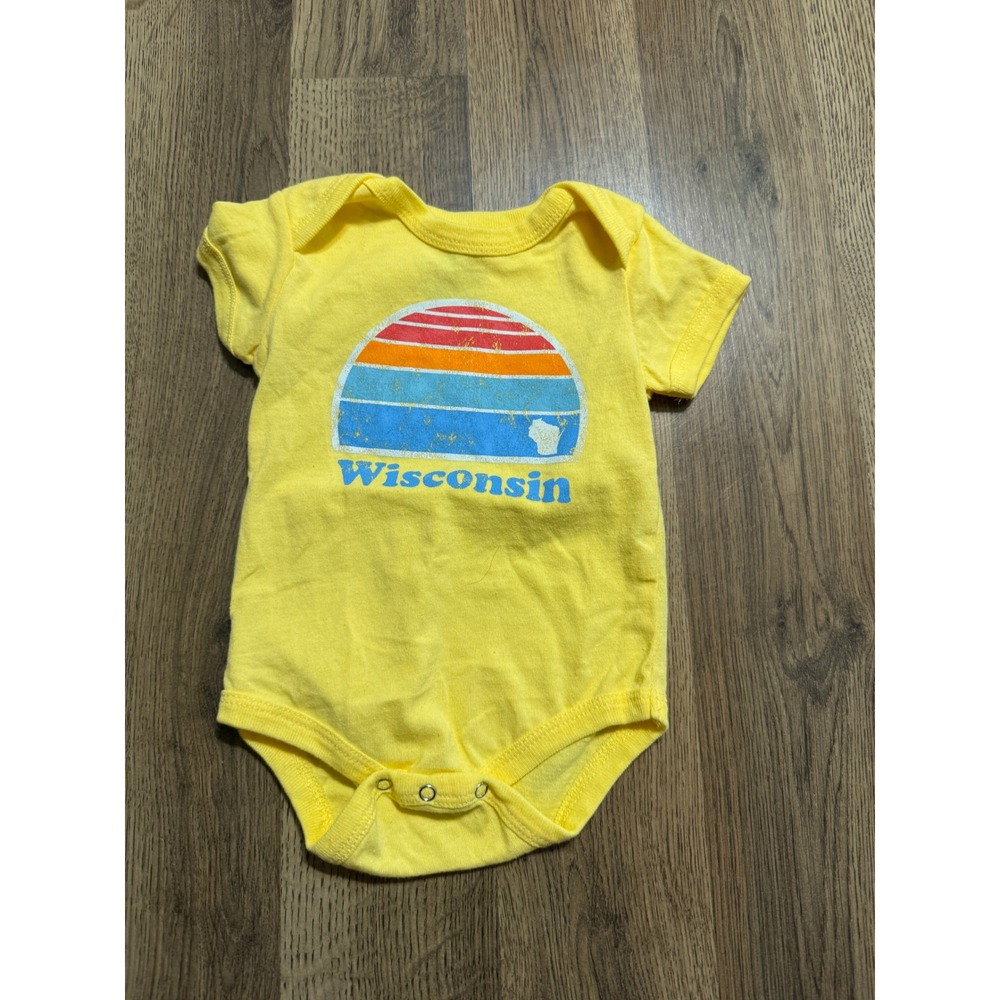 Home Free Bodysuit Unisex Size 0-3 M Yellow Retro Rainbow Graphic Wisconsin